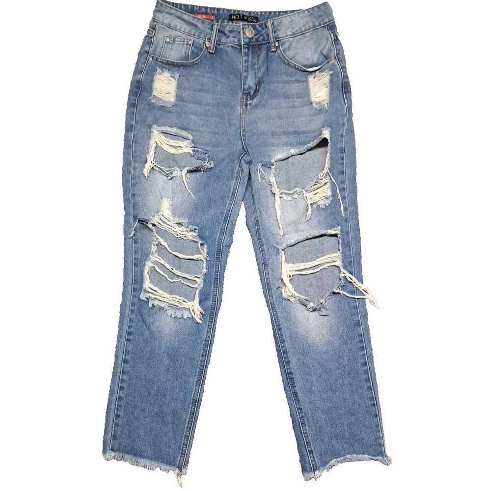 Hot Kiss Jeans Womens Sz 3 Straight Denim Blue Stretch High Waisted Rise Mom